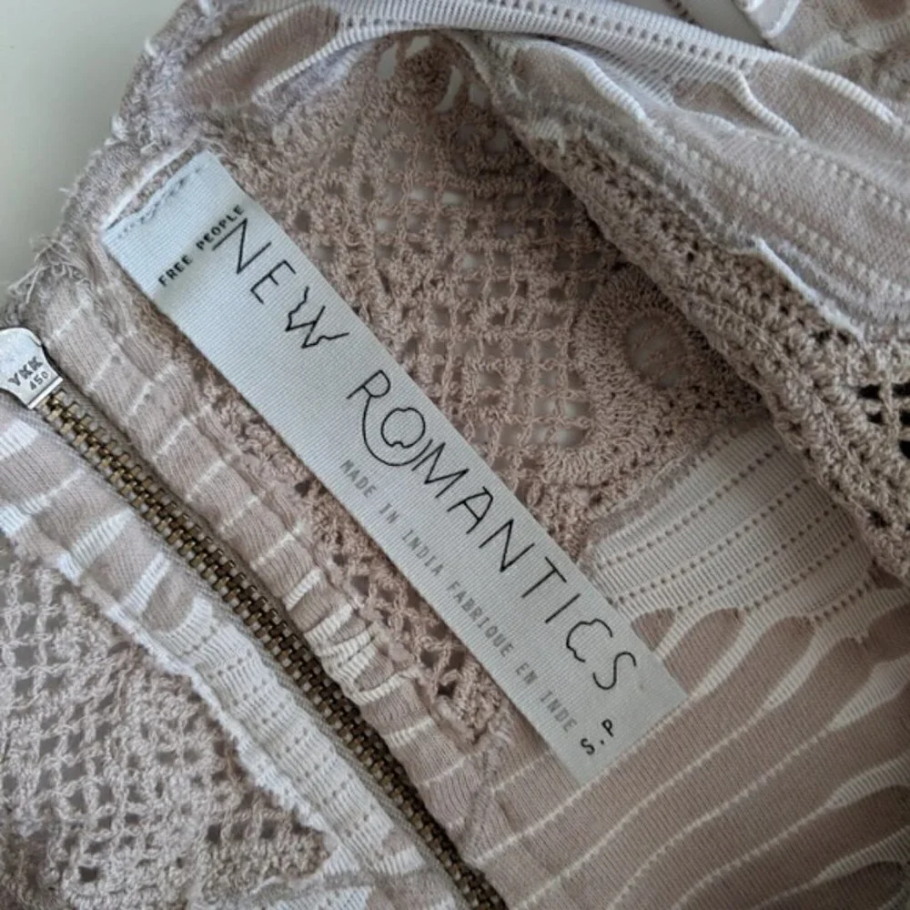 FREE PEOPLE New Romantics Mini Dress S Shift Crochet Cutout Neutral Minimalist - Picture 16 of 16